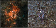Vertailu VISTA:n NGC 6357 -kuvan ja näkyvän valon kuvan välillä