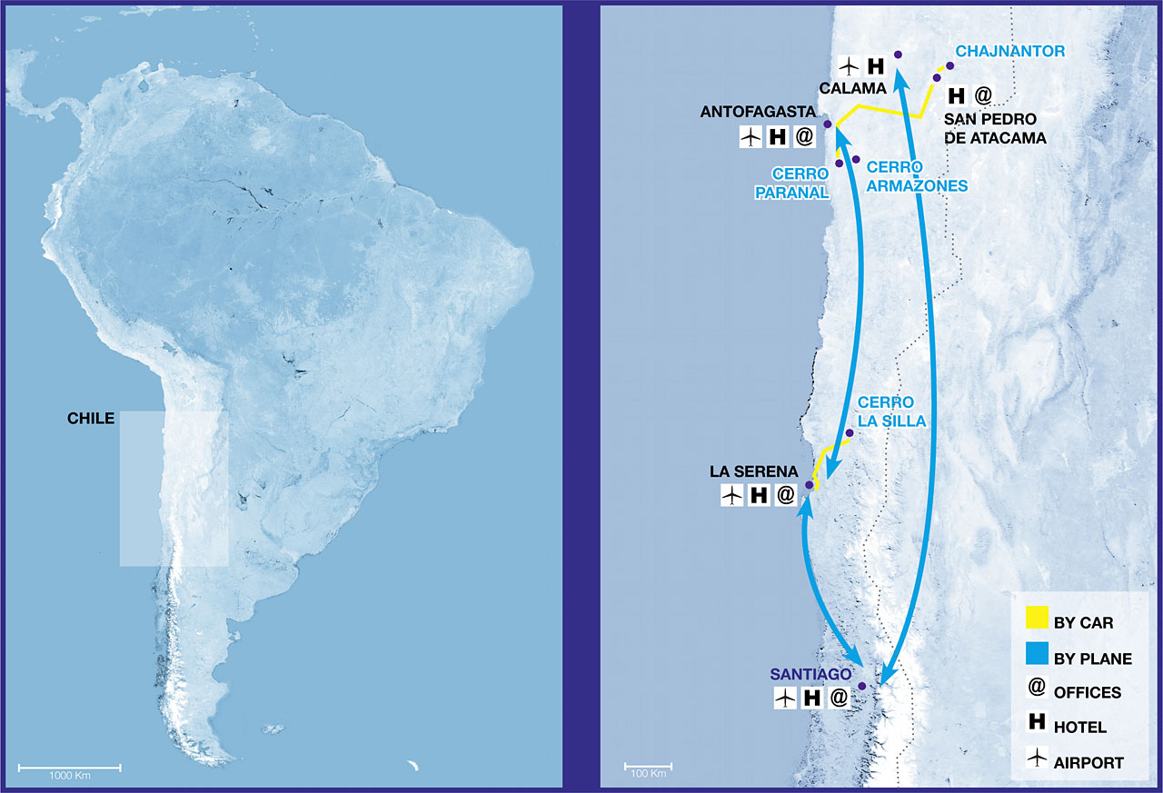 ESO Observatories Topographic Route Map