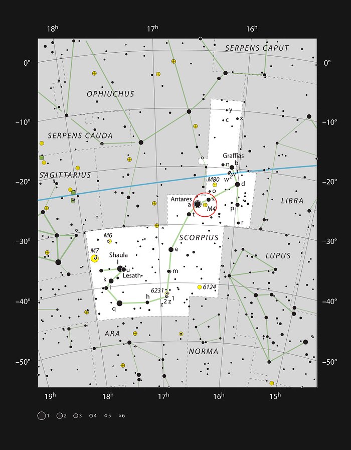 De bolvormige sterrenhoop Messier 4 in het sterrenbeeld Schorpioen