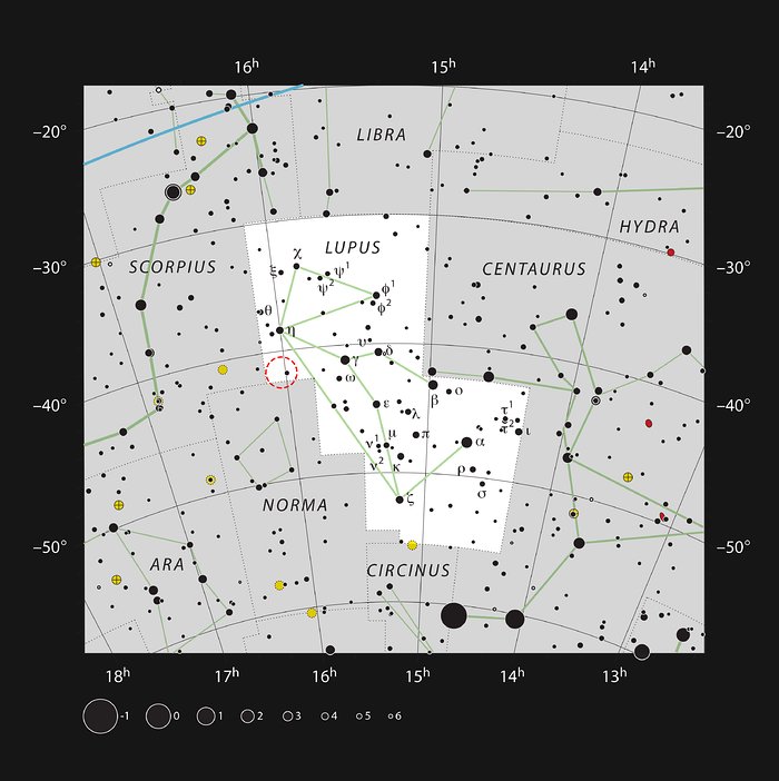Localização da nuvem escura Lupus 4 na constelação do Lobo
