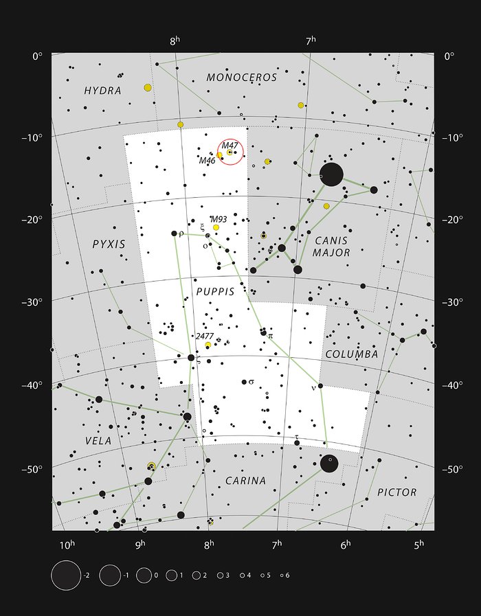 De klare stjernehobe Messier 47 og Messier 46 i stjernebilledet Puppis