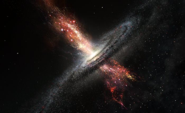 Vue d’artiste d’étoiles nées au sein de jets issus de trous noirs supermassifs