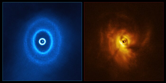 Ansicht von ALMA und SPHERE von GW Orionis (nebeneinander)