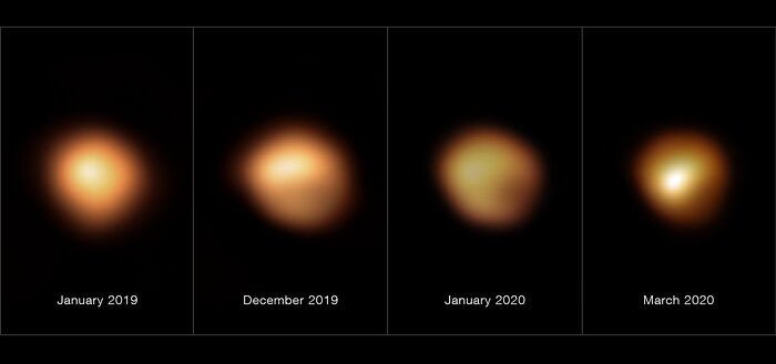 La superficie de Betelgeuse antes y durante su Gran Atenuación de 2019–2020 (con anotaciones)
