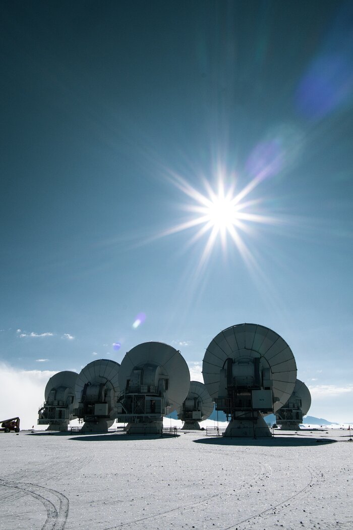 This photo shows six ALMA antennas — white “dishes” several meters wide — on a snowy landscape. They are pointed towards the Sun, which shines brightly near the centre of the image against a blue sky.