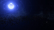 Taiteilijan tekemä animaatio WD 0816-310:stä, joka on magneettinen planeettojen jäänteitä syövä valkoinen kääpiö