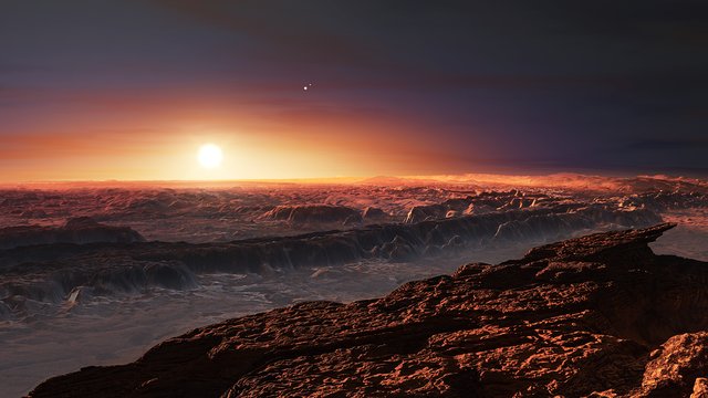 Künstlerische Darstellung des um Proxima Centauri kreisenden Planeten
